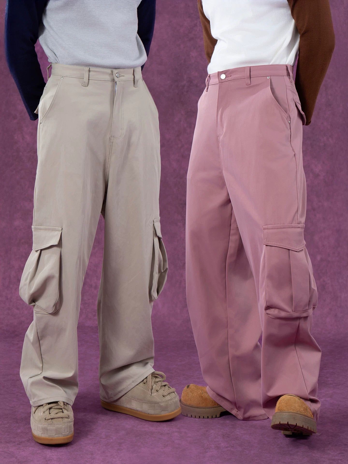 Men's Pink Beige Multi-pocket Cargo Pants