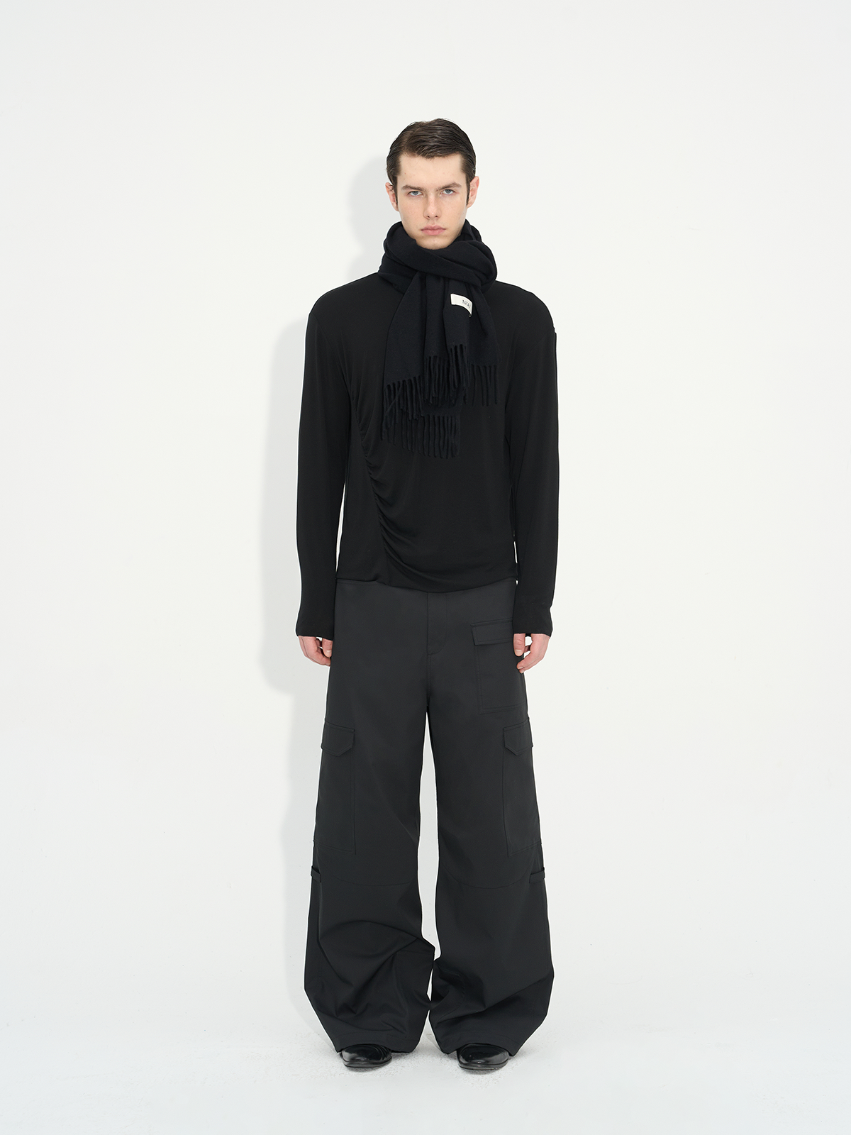 Soft Black Grey Fringed Wool Scarf