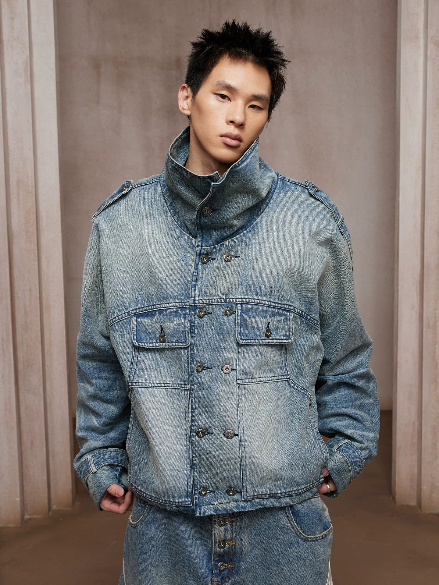 Short Wide Washed Distressed Denim Jacket