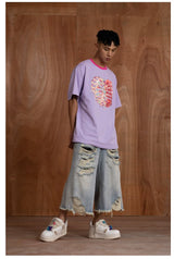 Oversized Embroidered Purple Heart Skeleton Tee