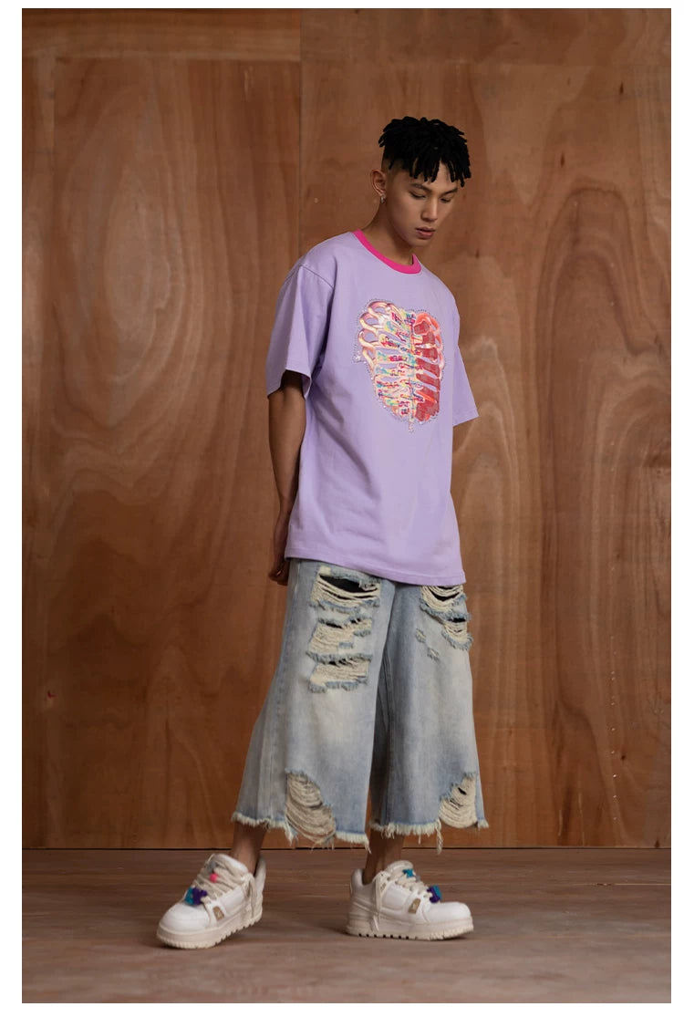 Oversized Embroidered Purple Heart Skeleton Tee