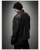 Dark Distressed Patchwork Relaxed Denim Jacket