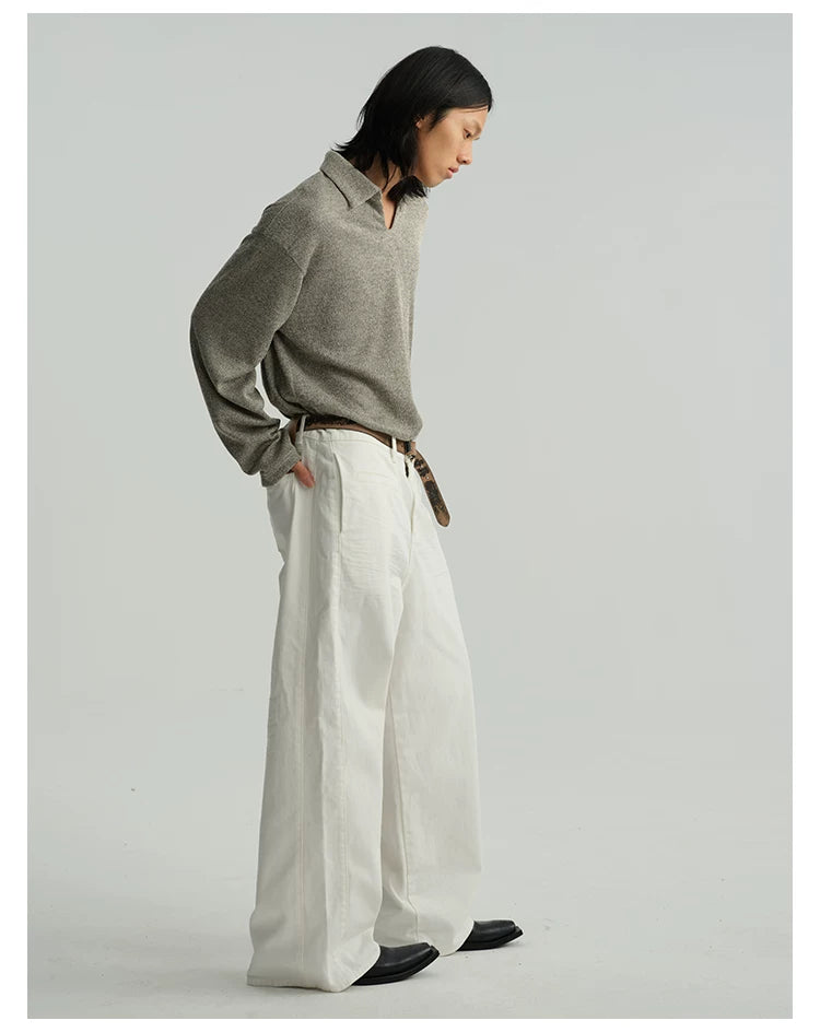 Pleated Distressed White Baggy Denim Jeans