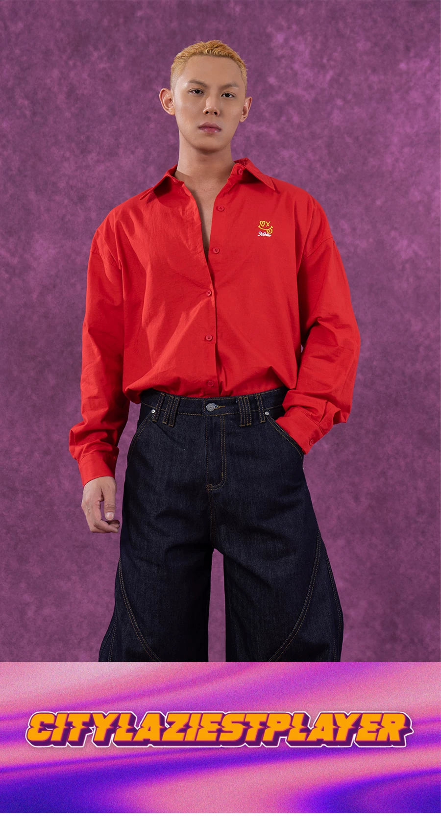 Red Oversized Collared Long Sleeve Shirt