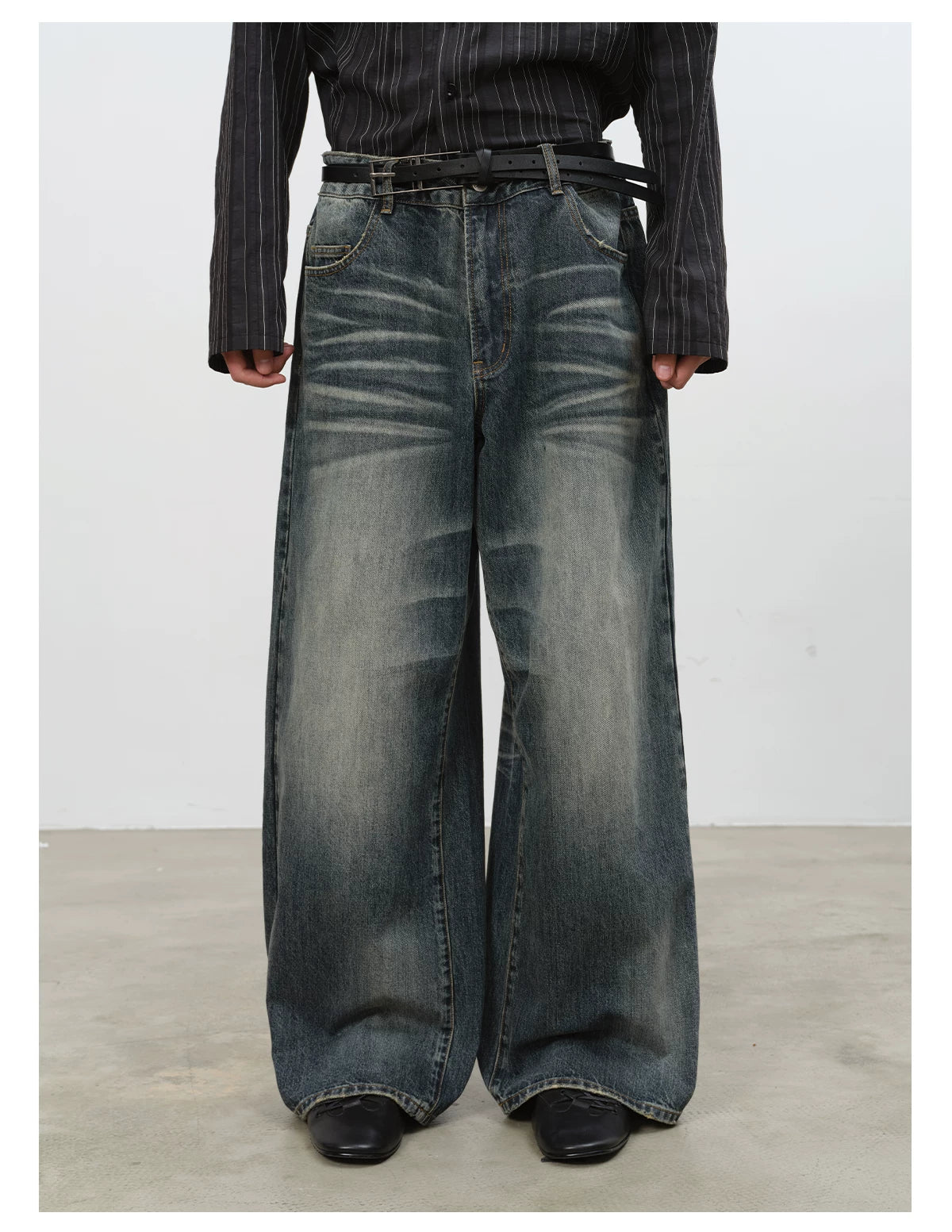 Blue Gray Washed Straight Loose Jeans