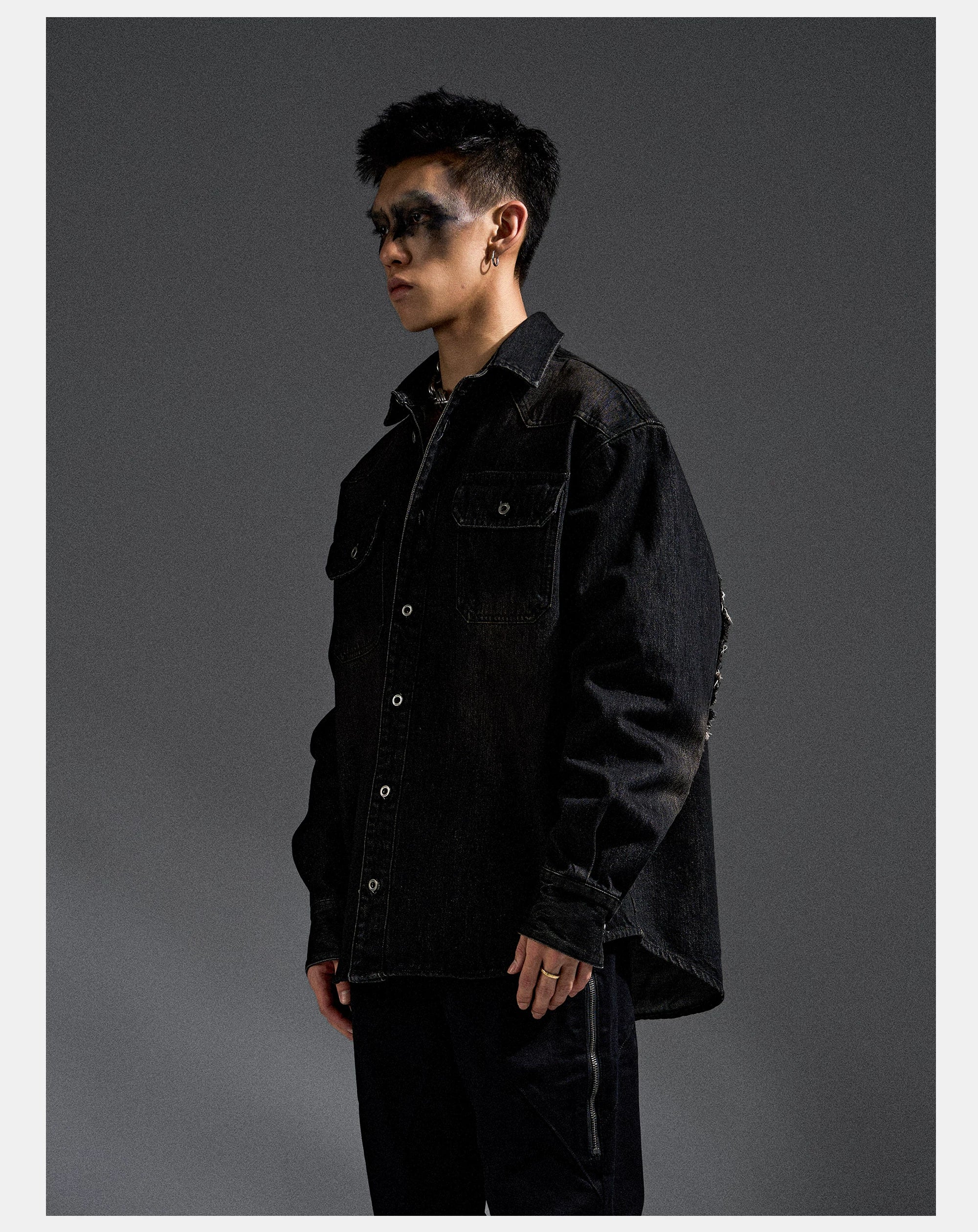 Washed Distressed Patchwork Denim Shirt Jacket