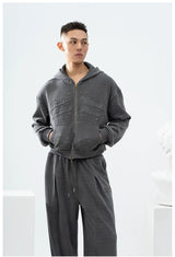 Gray Khaki Corduroy Embroidered Striped Zip-Hoodie