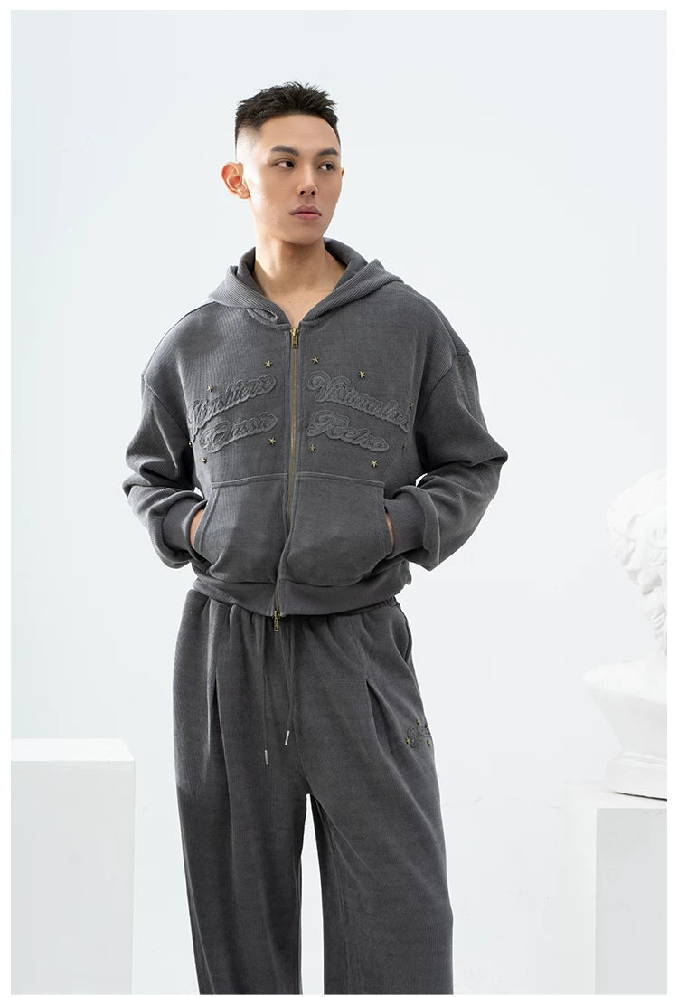 Gray Khaki Corduroy Embroidered Striped Zip-Hoodie