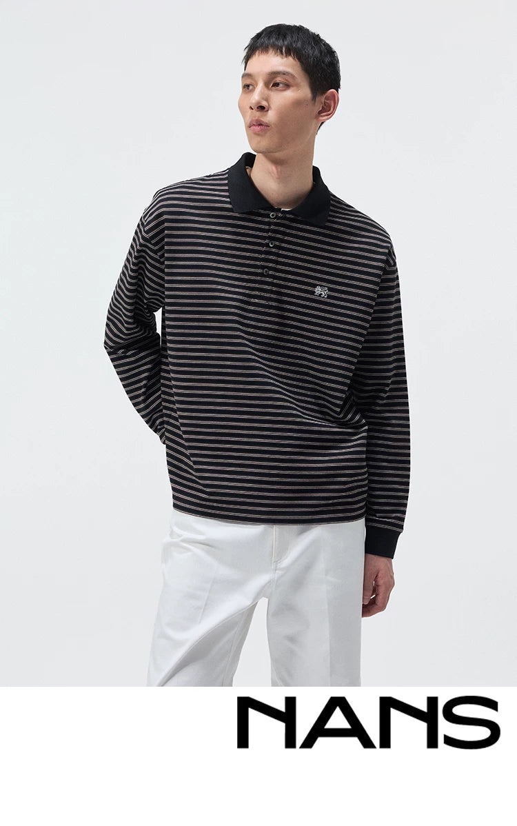 Striped Embroidered Long Sleeve Polo Tee
