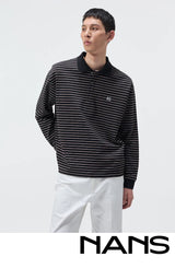 Striped Embroidered Long Sleeve Polo Tee