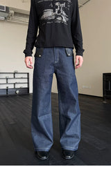 Navy Embossed PU Patchwork Flared Jeans