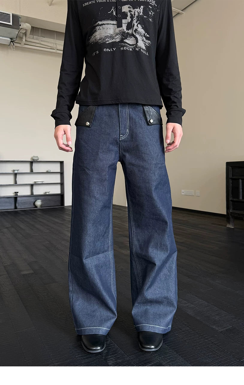 Navy Embossed PU Patchwork Flared Jeans