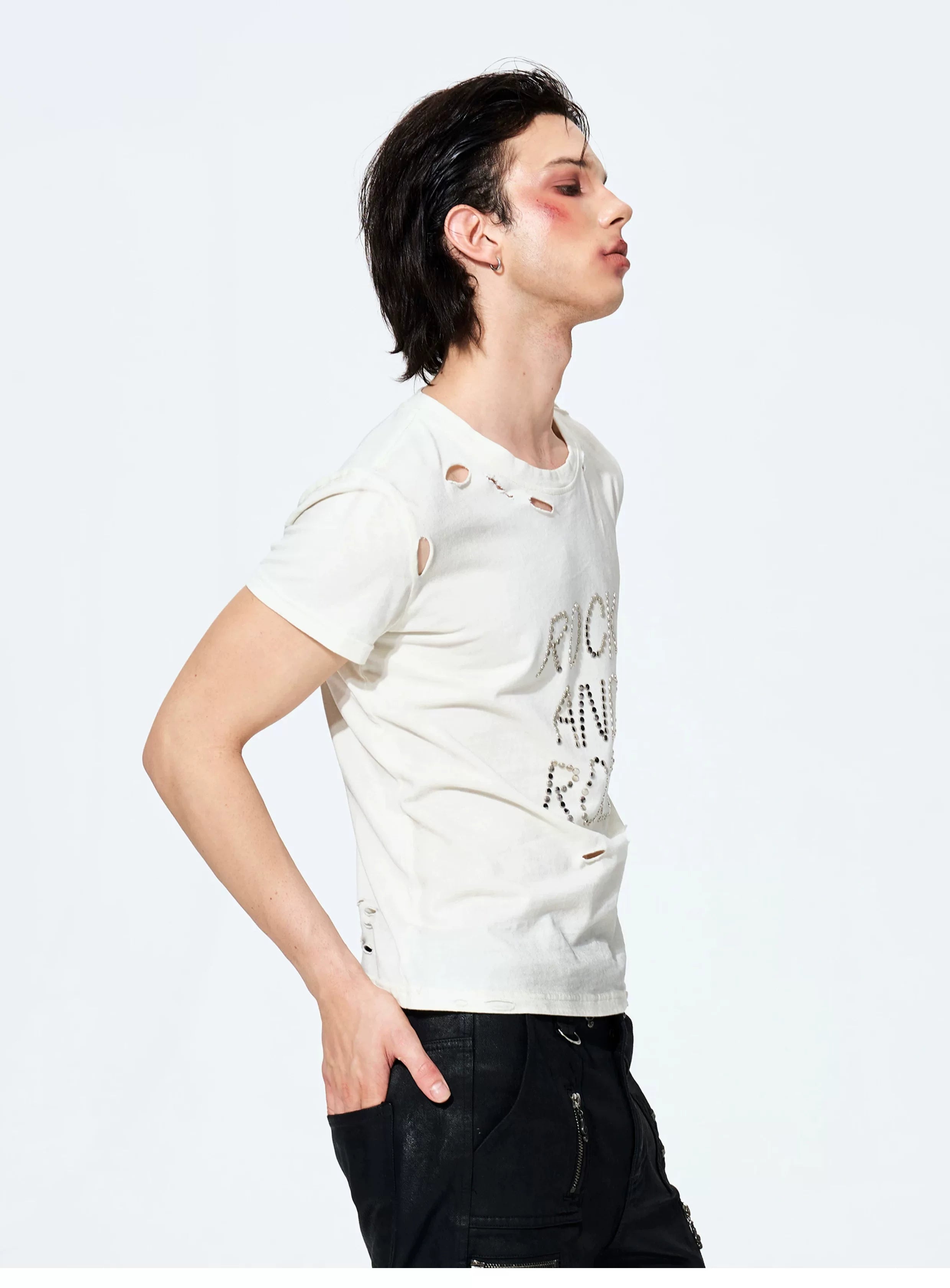 Unisex Rivet Letter Washed Distressed Tees