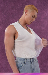 Ash Beige Double V-Neck Knit-Mesh Vest