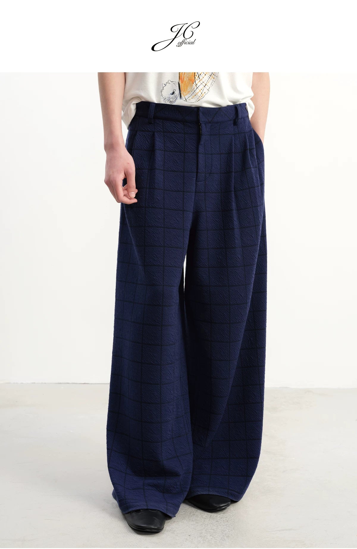 Blue-Black Plaid Pleated Casual Pants