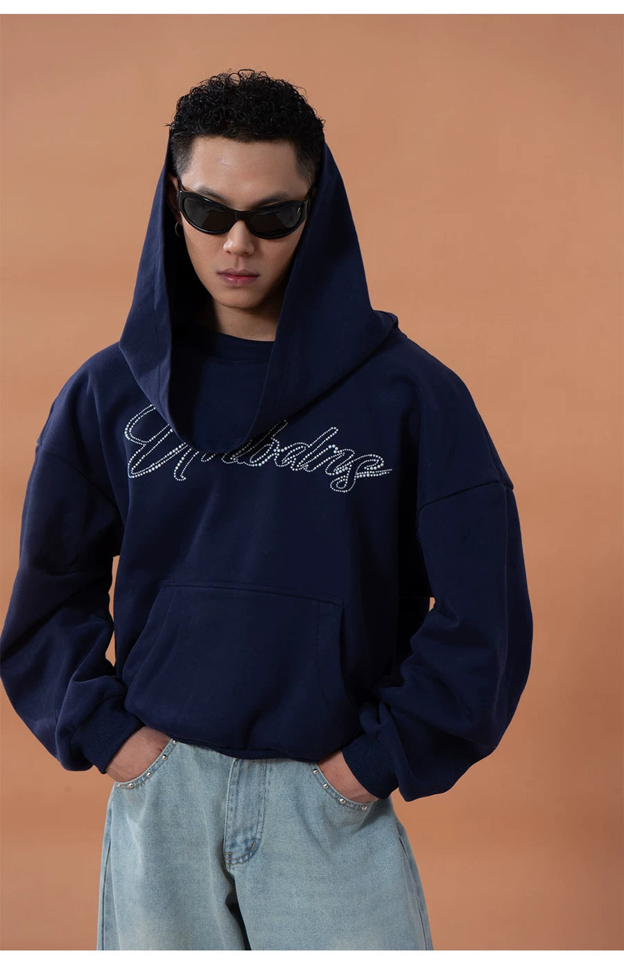 Grey Blue Unisex Letter Print Hoodie