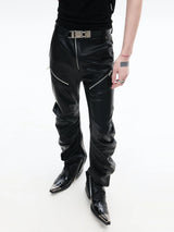 Slim Curved Leather Pants with Zippers