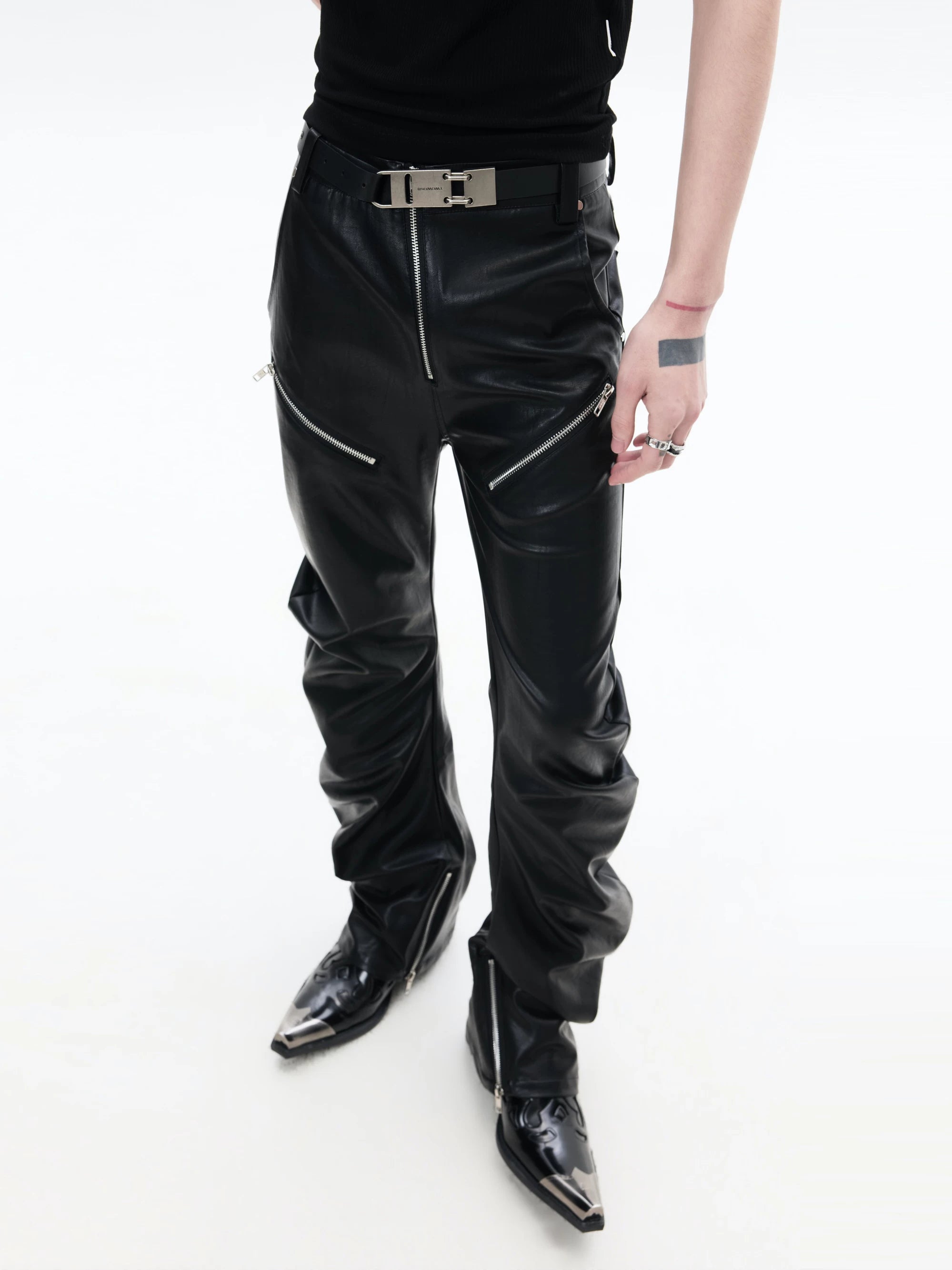 Slim Curved Leather Pants with Zippers