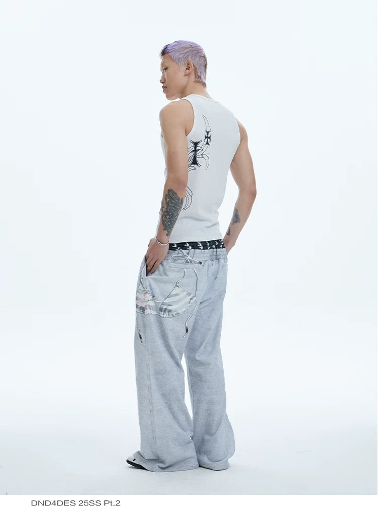 Flared Digital Print Double Waistband Sweatpants