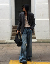 Wide Leg Cuffed Washed Jeans