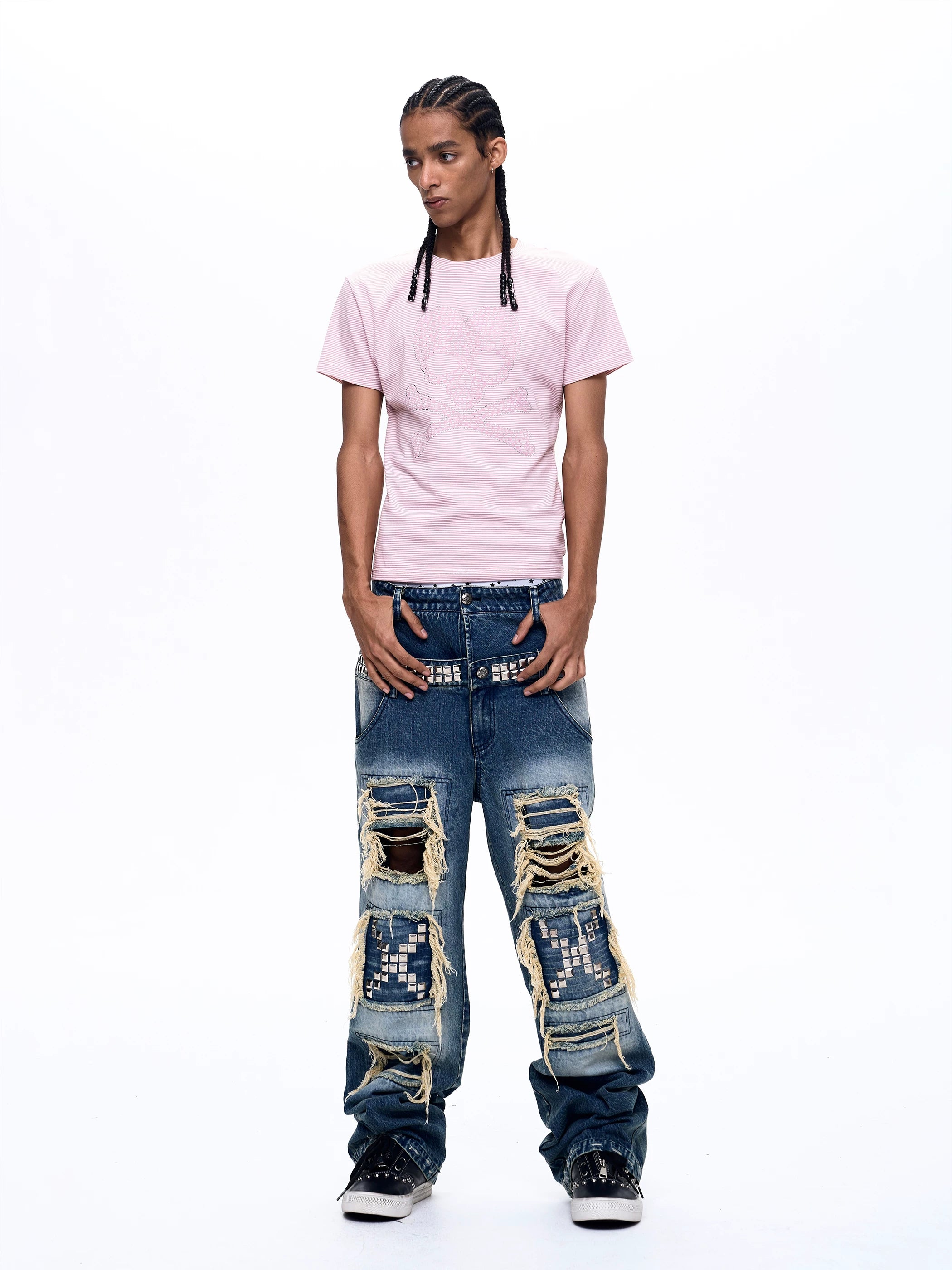Men's Pink Striped Skull Print Tee