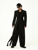 Black Wool Ribbon Pleated Waist-Tailored Blazer