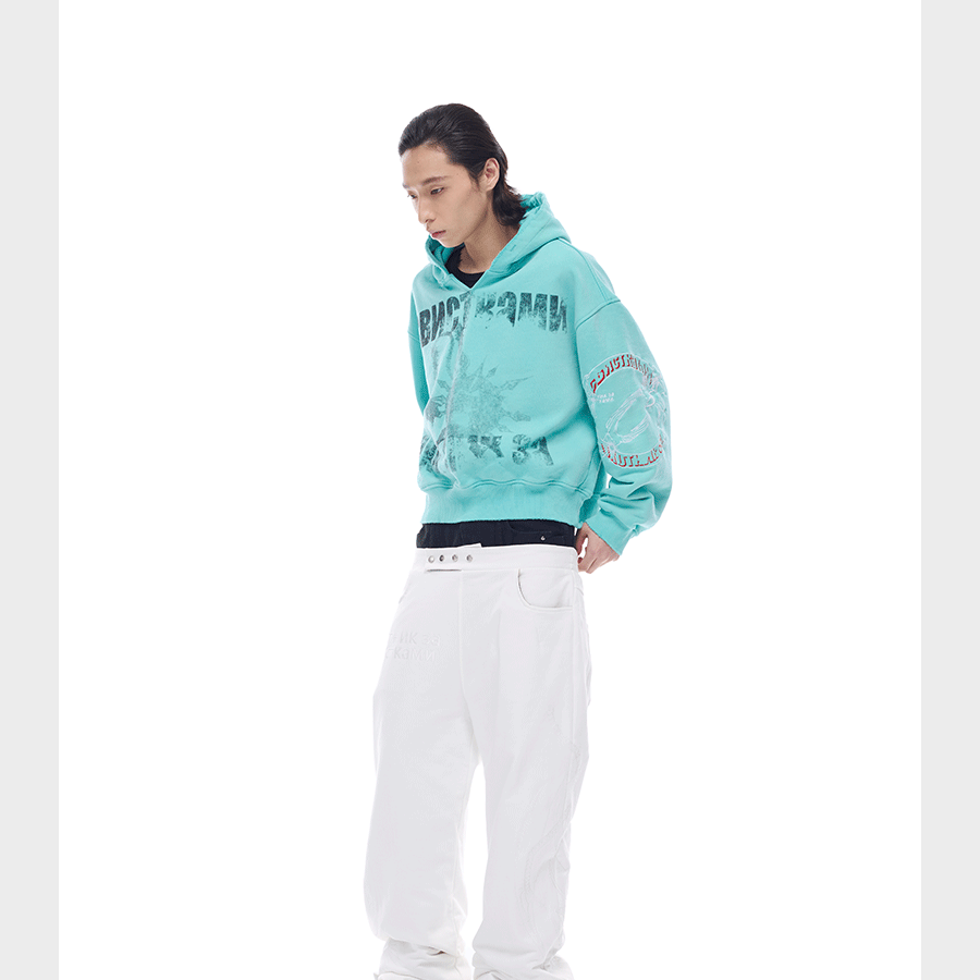 Tri-color Washed Distressed Embroidered V-neck Hoodie