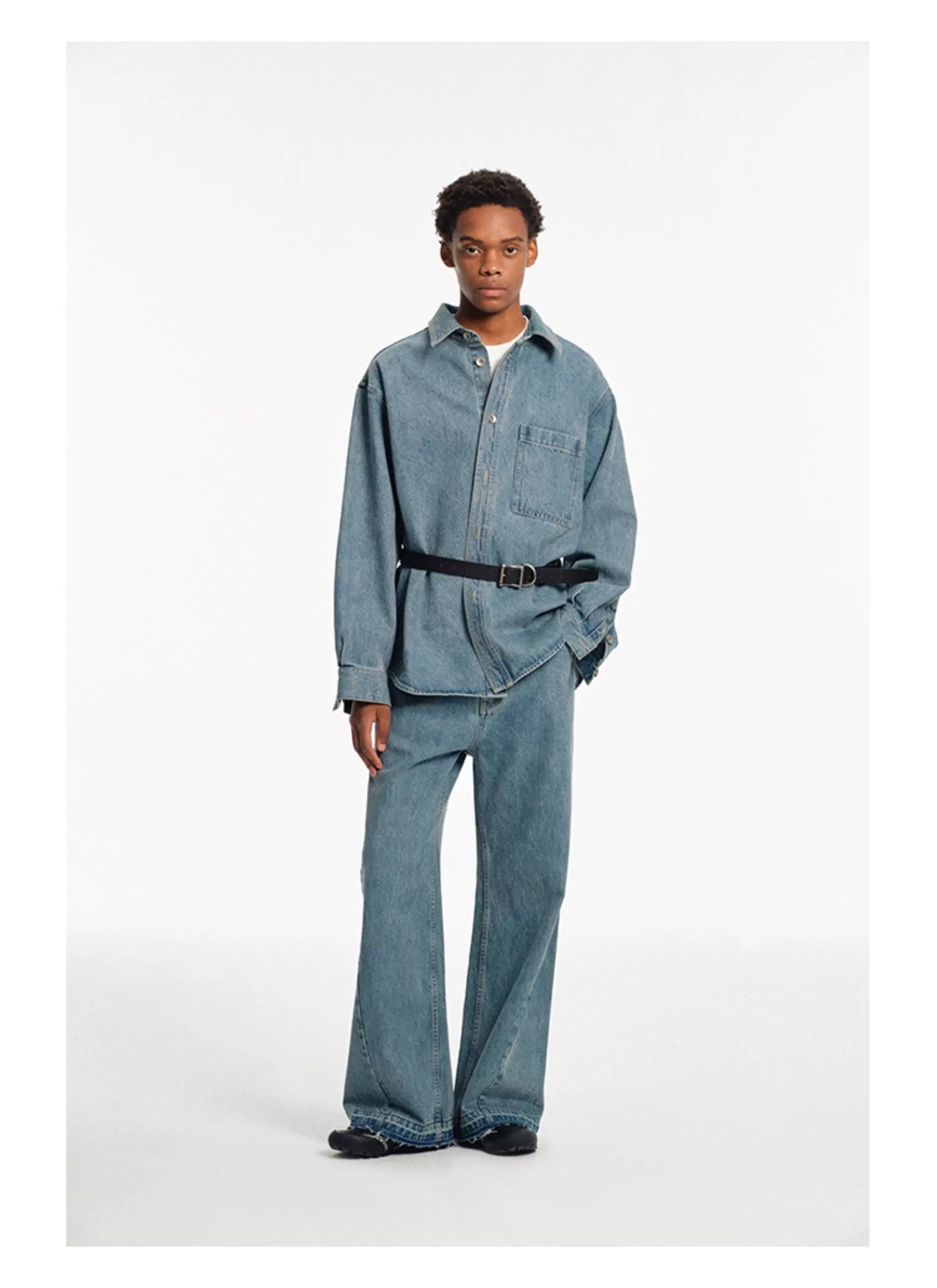 Relaxed Square Collar Distressed Denim Shirt