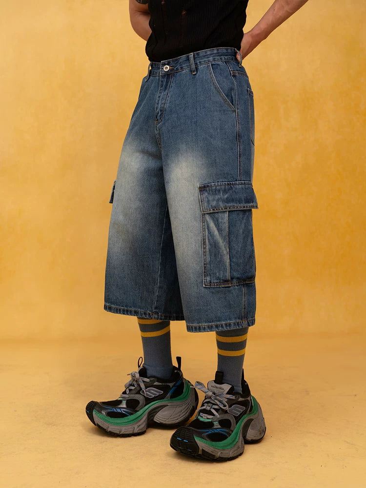 Men's Blue Relaxed Cargo Cropped Jeans