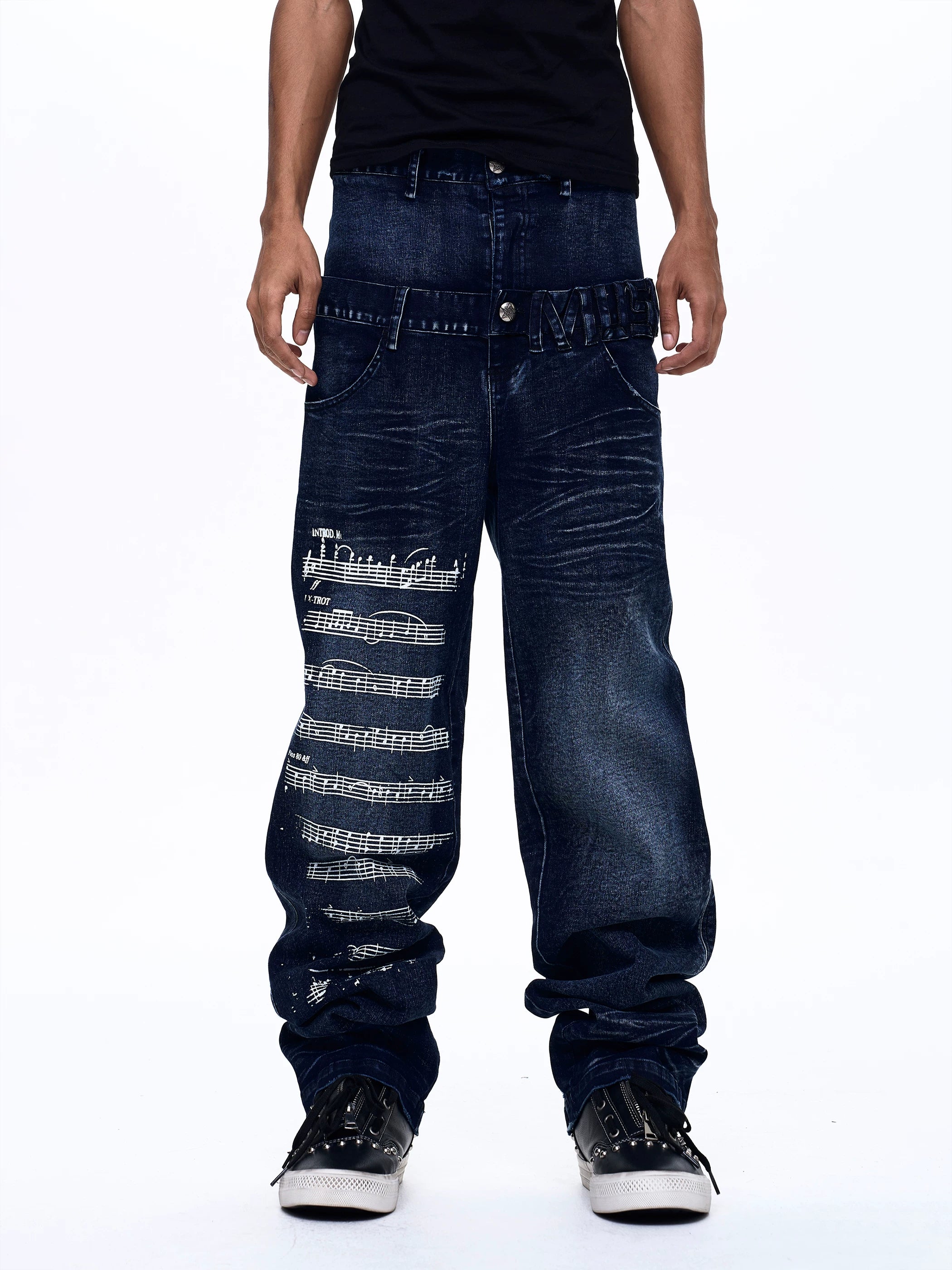 Men's Washed Blue Double Waistband Jeans