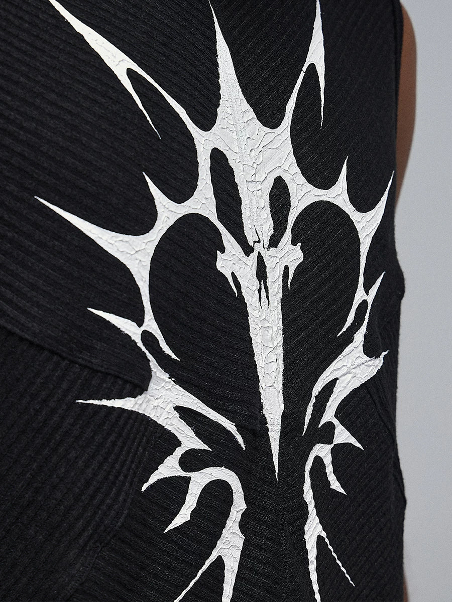 Stretchy Black Printed Ribbed Tank Top