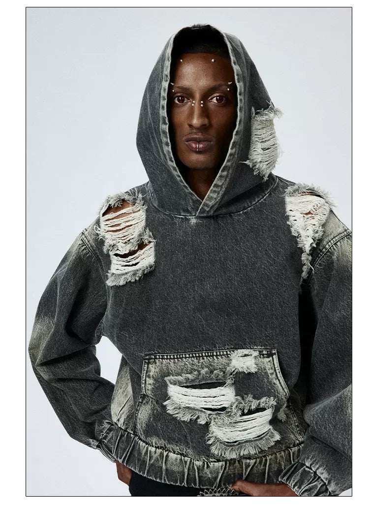 Washed Distressed Drop Shoulder Cropped Hoodie