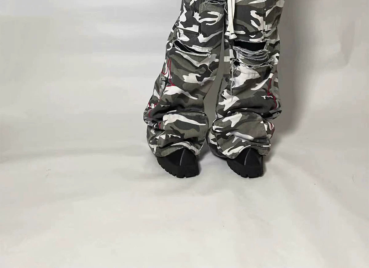 Washed Distressed Camo Cargo Pants