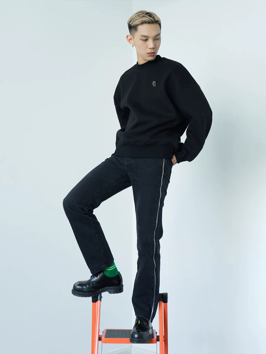 Men's Black Straight Side Zip Jeans