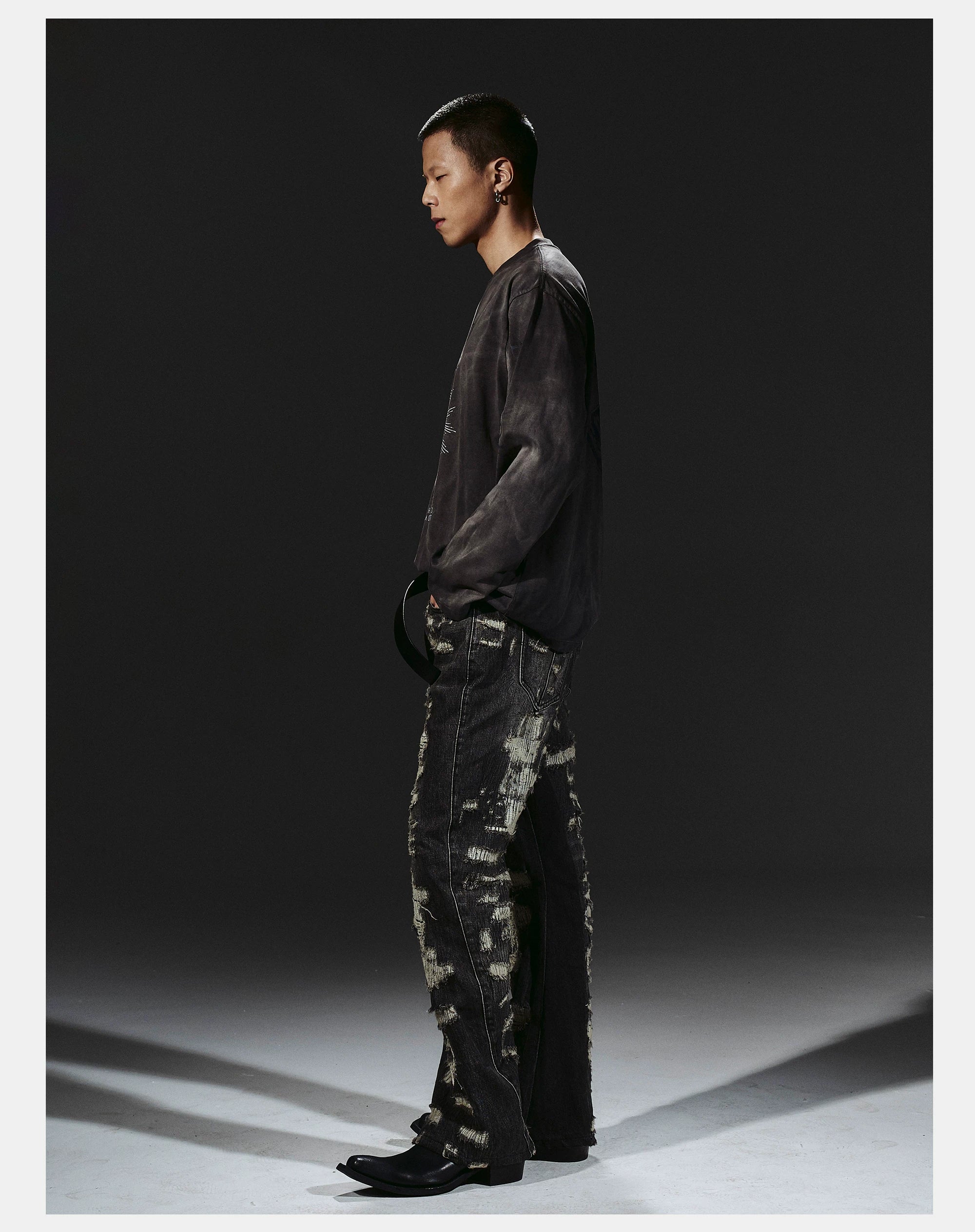 Heavyweight Distressed Embroidered Patchwork Flared Jeans