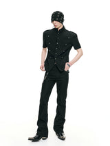 Waist-Cinched Padded Rivet Short-Sleeve Shirts