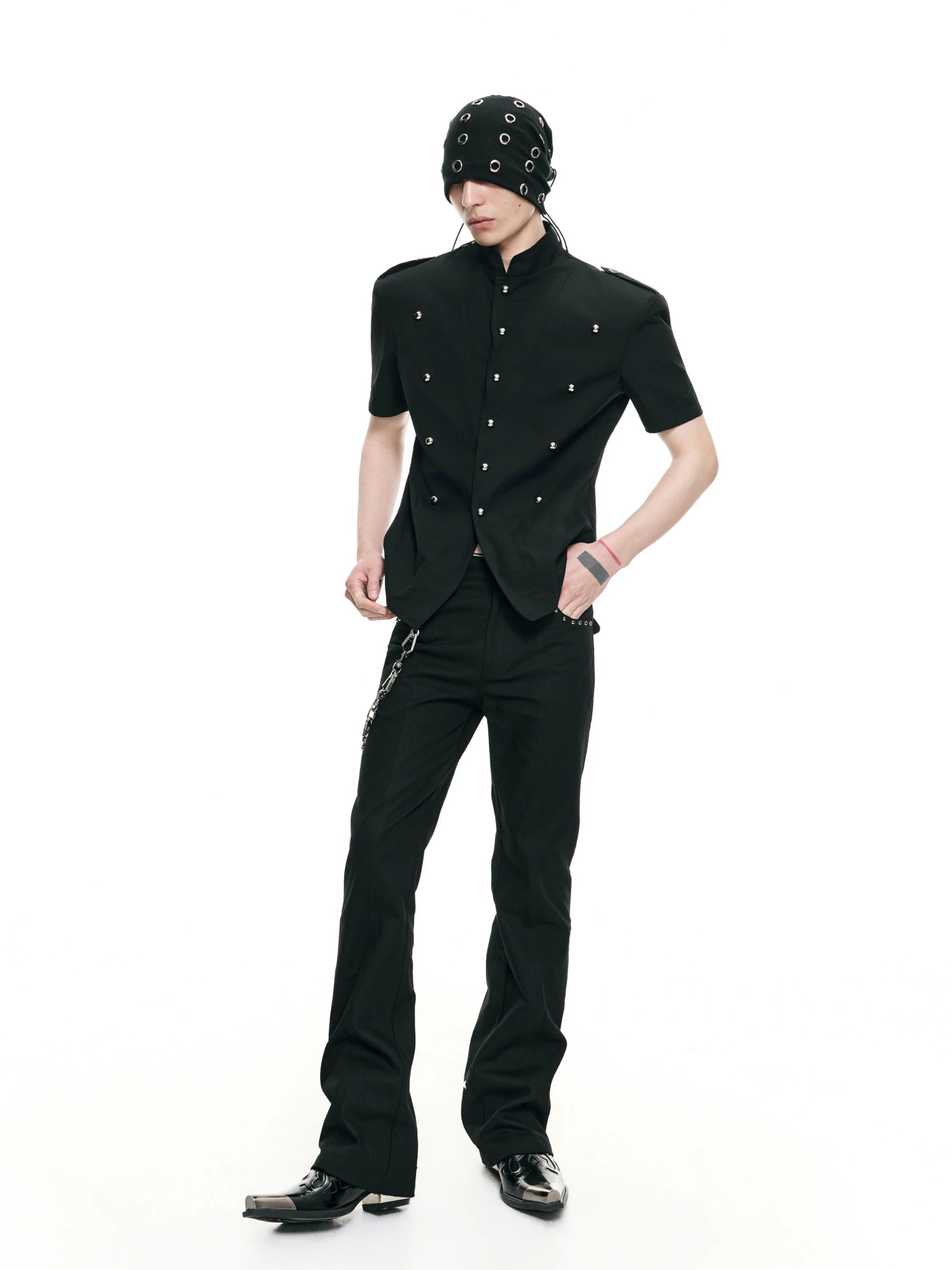 Waist-Cinched Padded Rivet Short-Sleeve Shirts