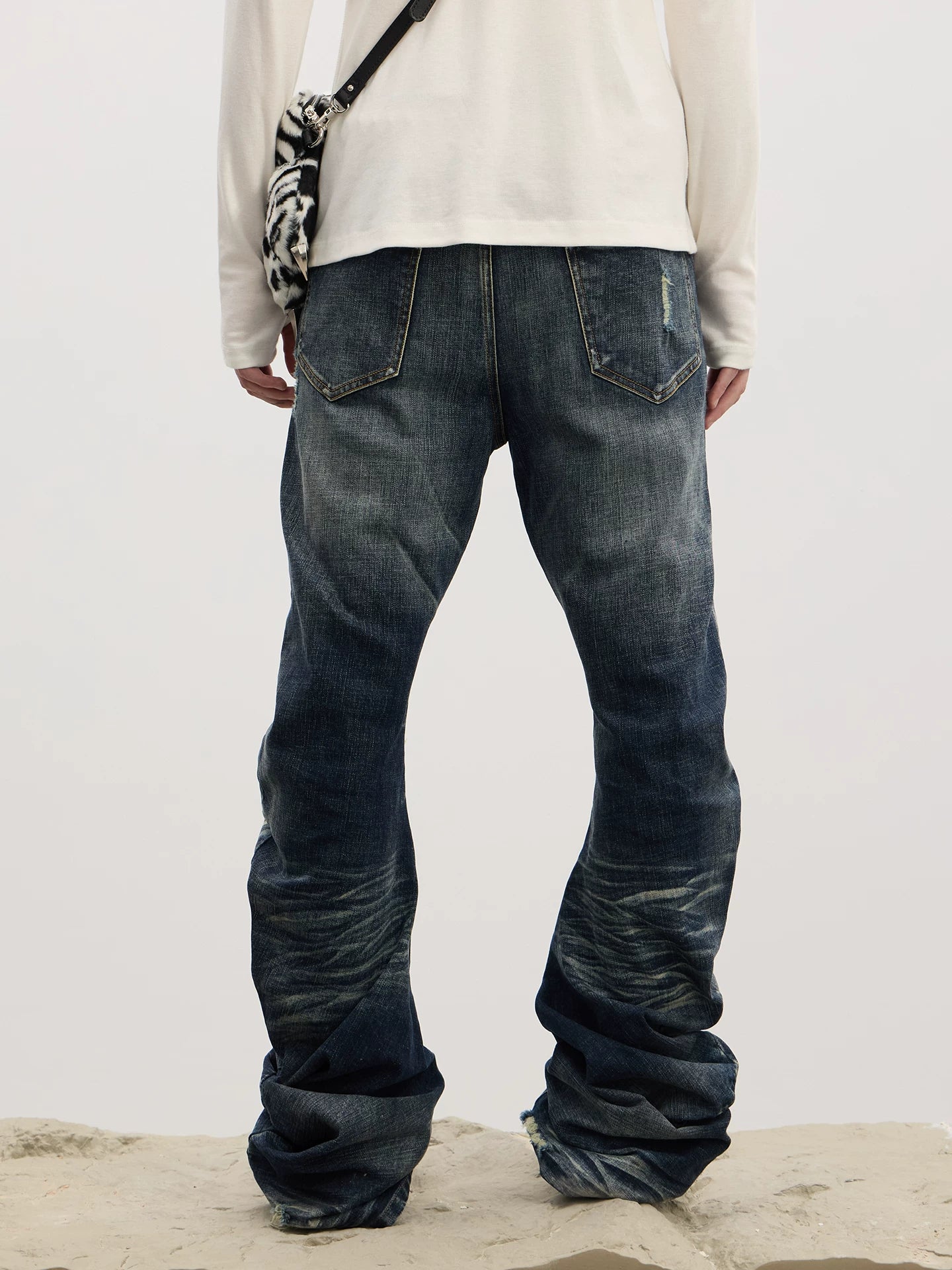 Curved Leg Stretchy Washed Distressed Jeans