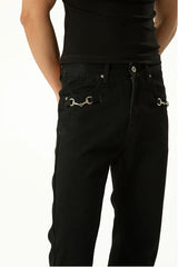 Men's Black Metal Buckle Jeans