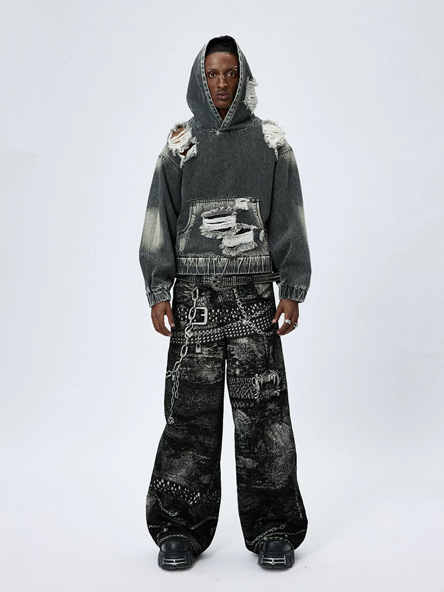Washed Distressed Drop Shoulder Cropped Hoodie
