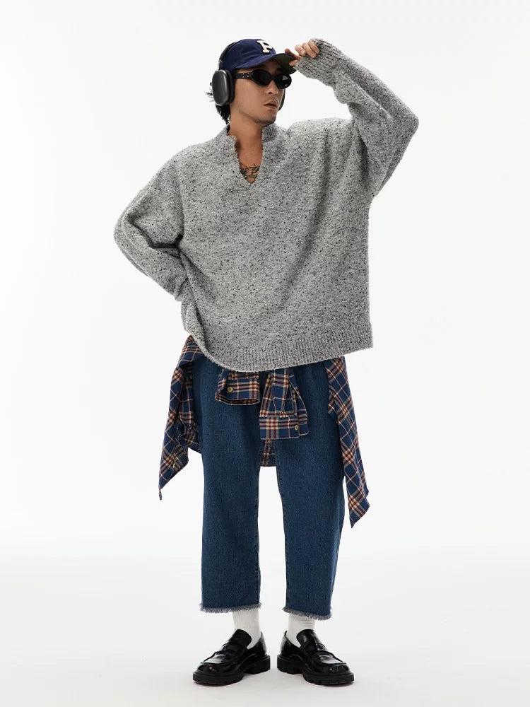 Unisex Grey V-Neck Boucle Sweater