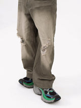 Men's Gray Vintage Distressed Wide-Leg Jeans