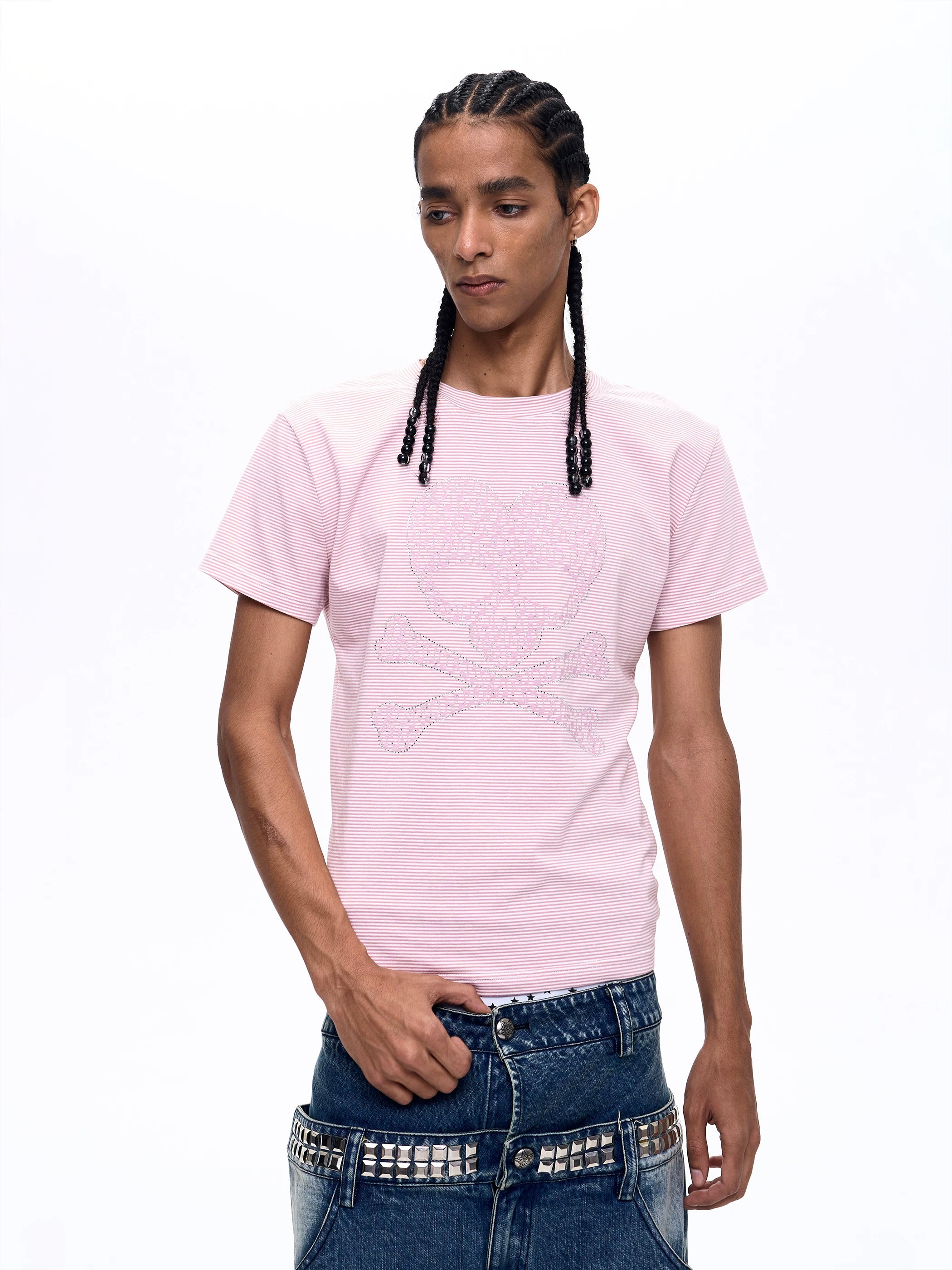 Men's Pink Striped Skull Print Tee