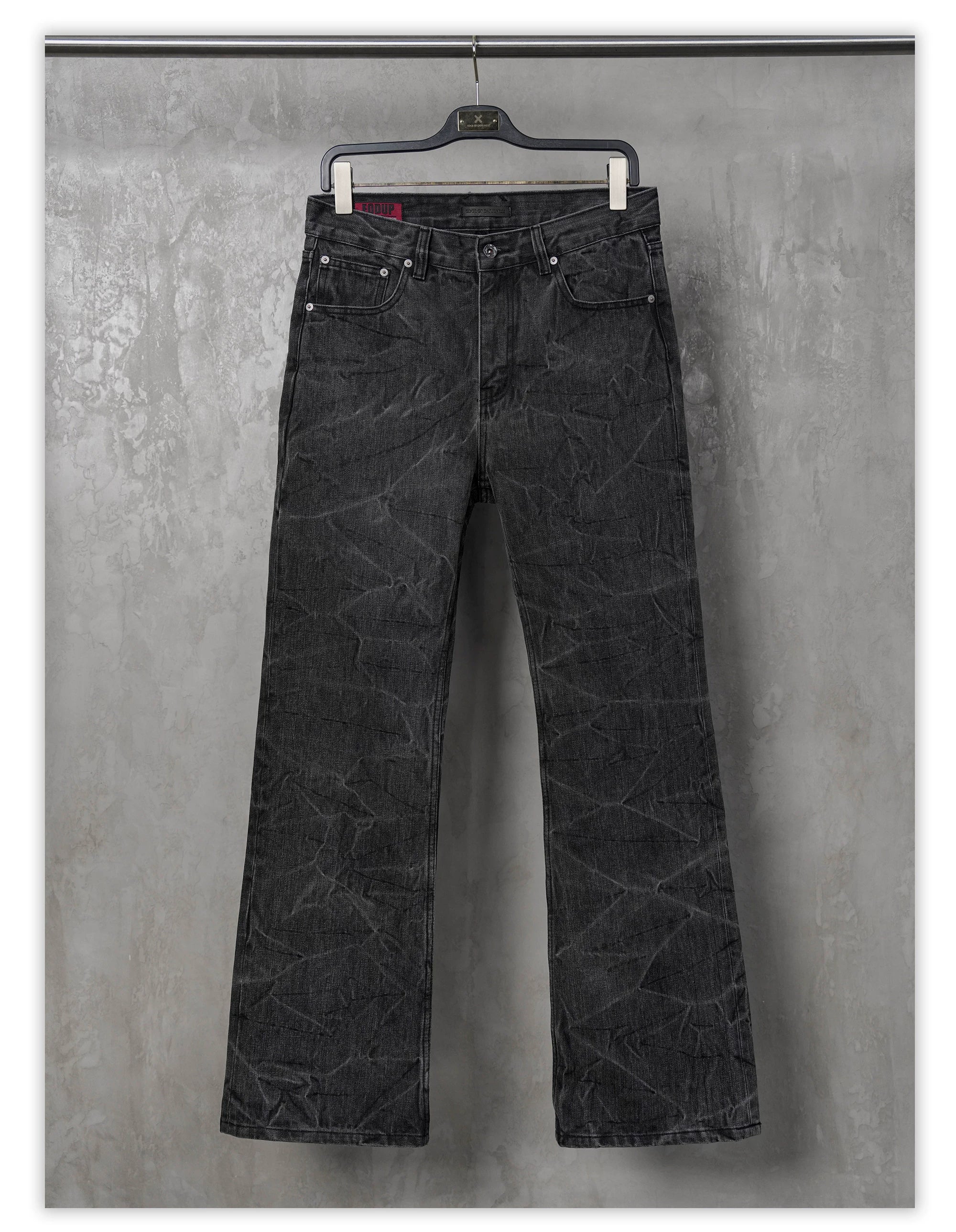 Distressed Washed Black Slub Straight Jeans