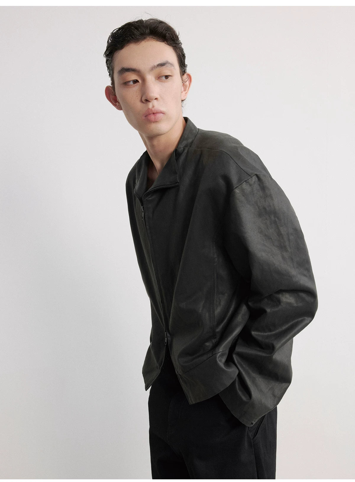 Leather Jacket With Irregular Snap Collar