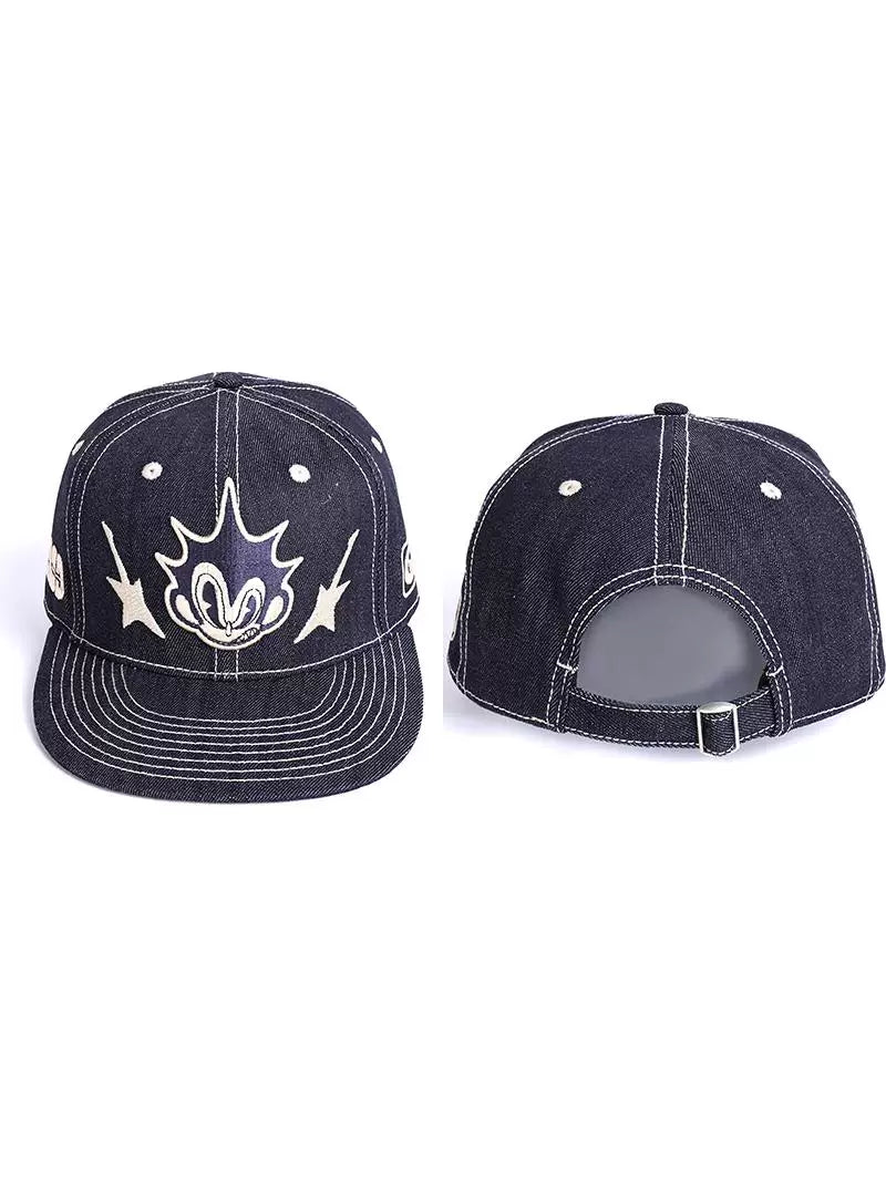 Embroidered Flat-Brim Denim Baseball Cap