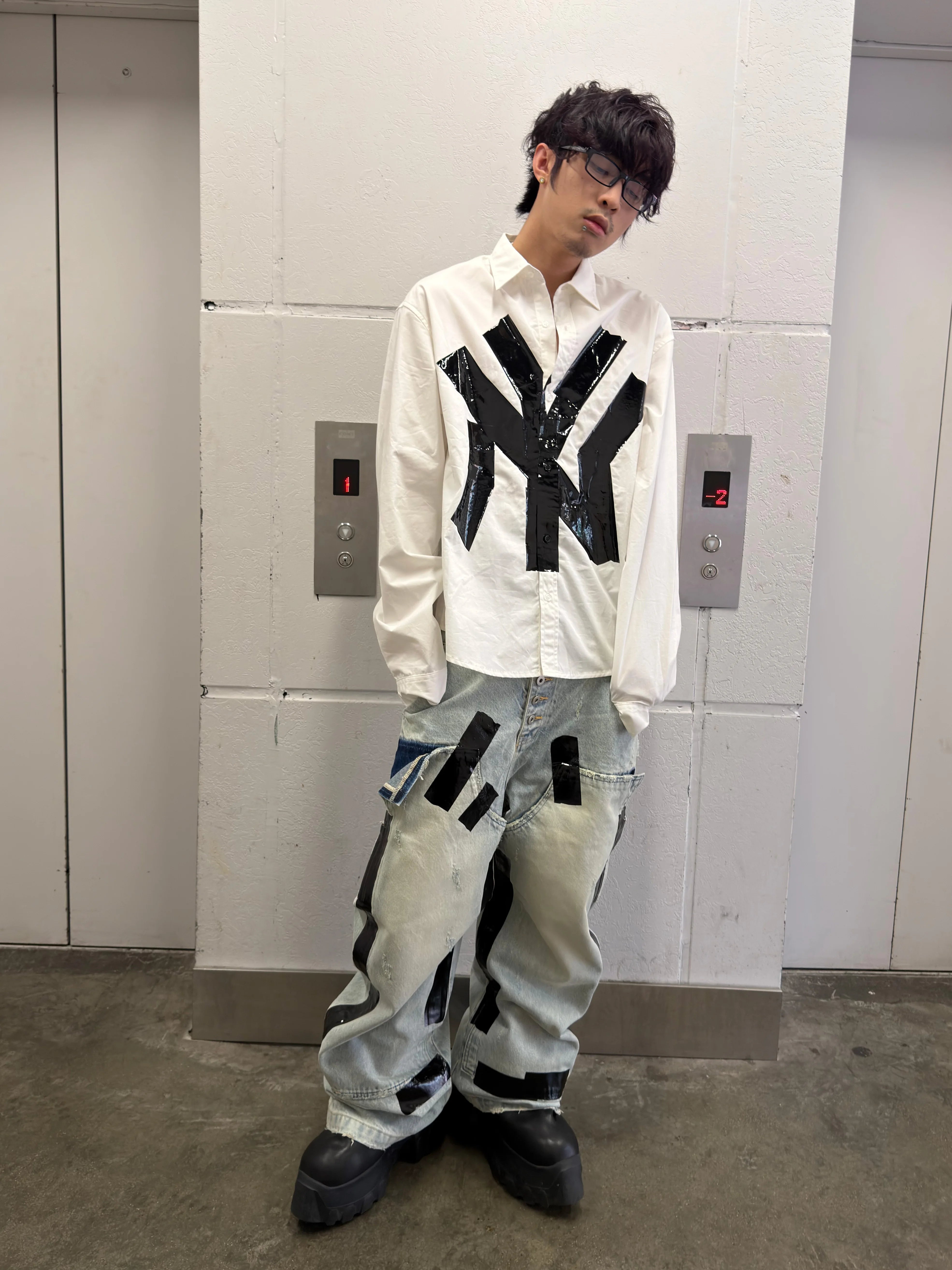 Oversized White Long-Sleeve NY Tape Shirt