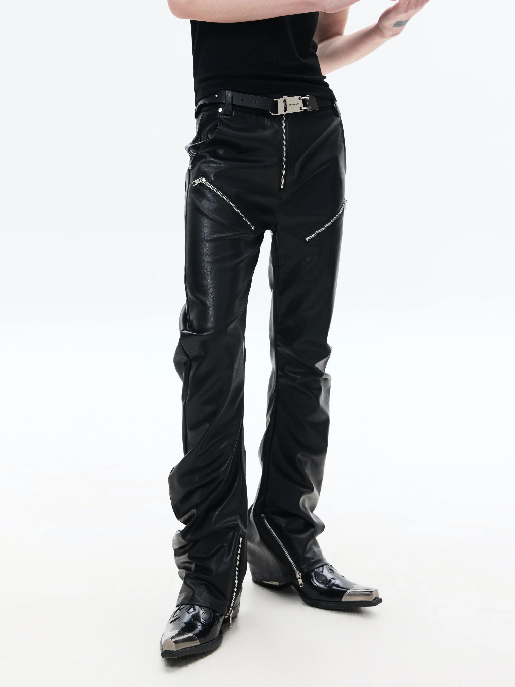 Slim Curved Leather Pants with Zippers