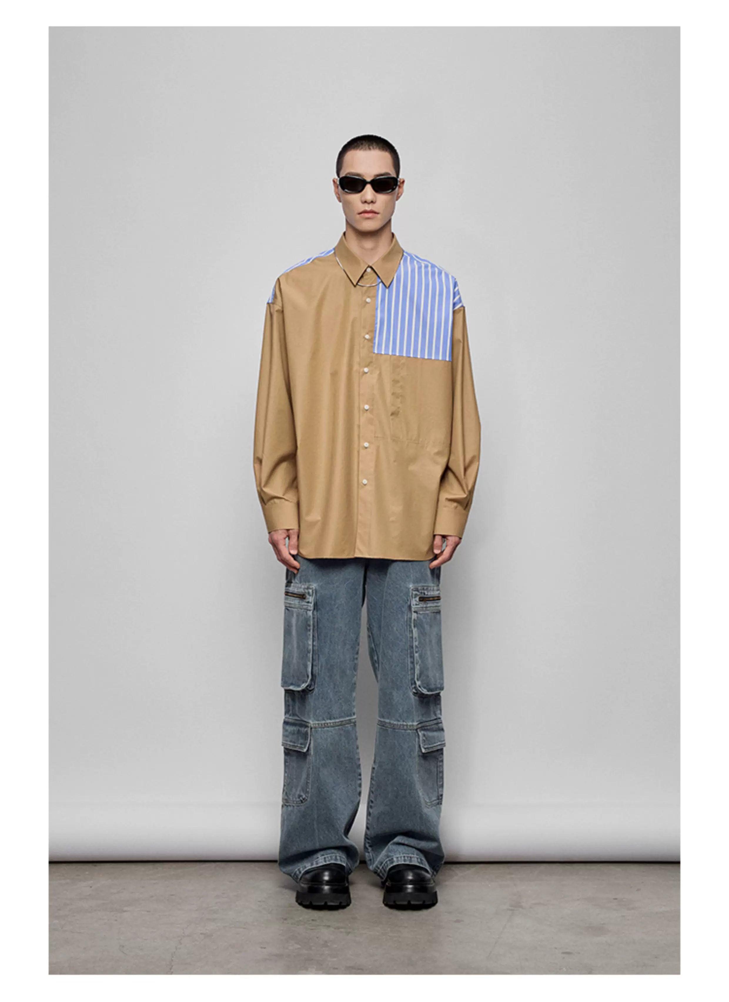 Color-block Striped Cotton Pocket Shirt