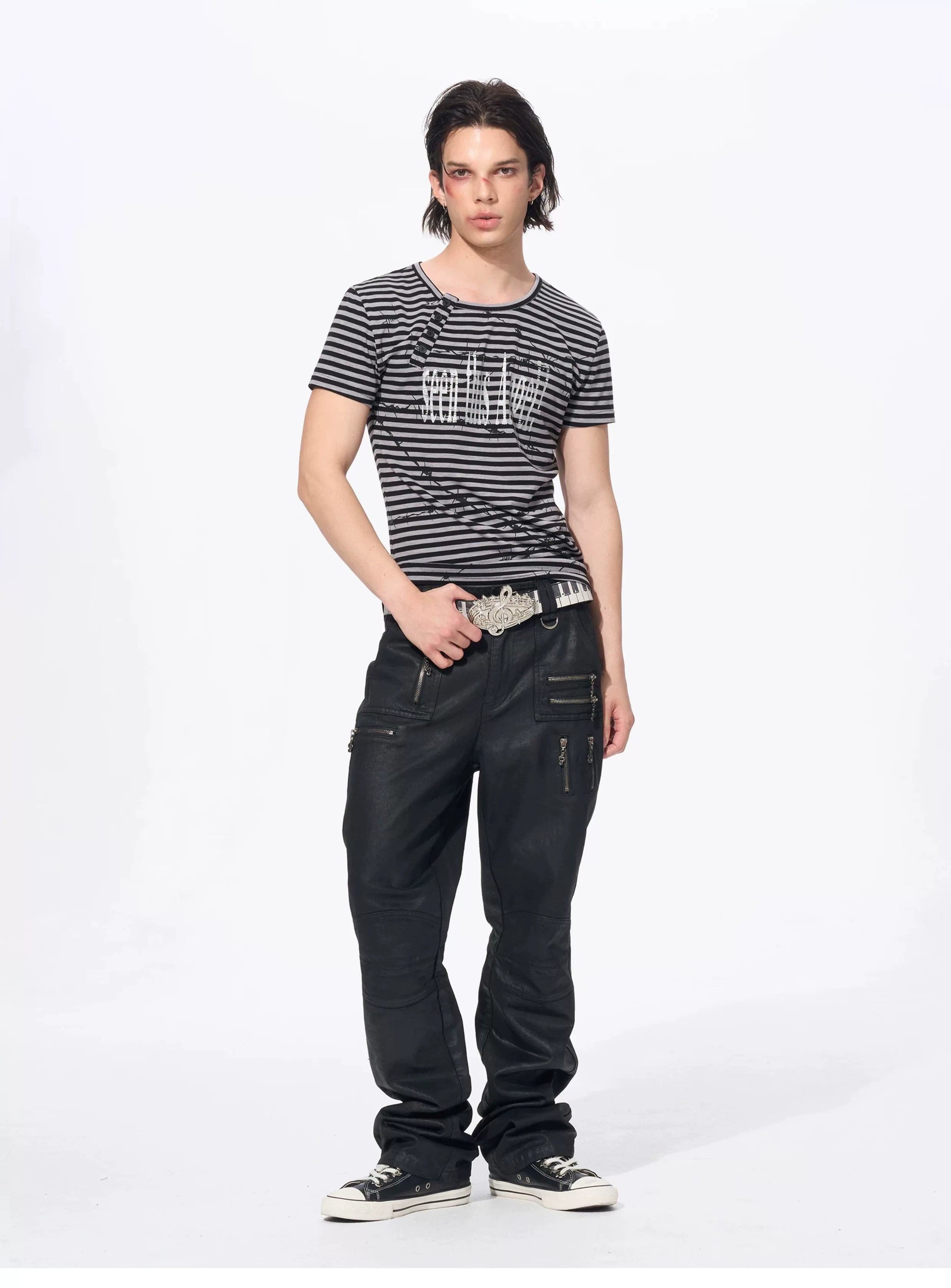 Slim Fit Letter Print Striped Tees
